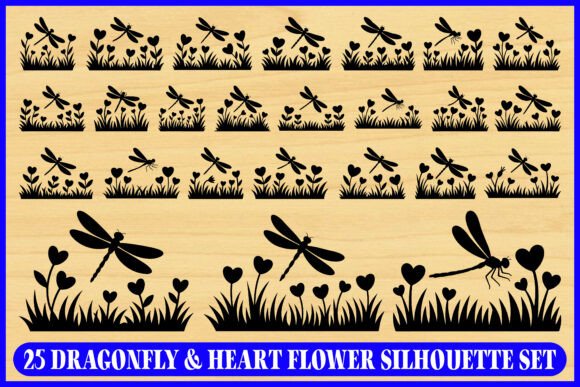 25 Dragonfly Heart Flower Silhouette Set: Graphics & Illustrations