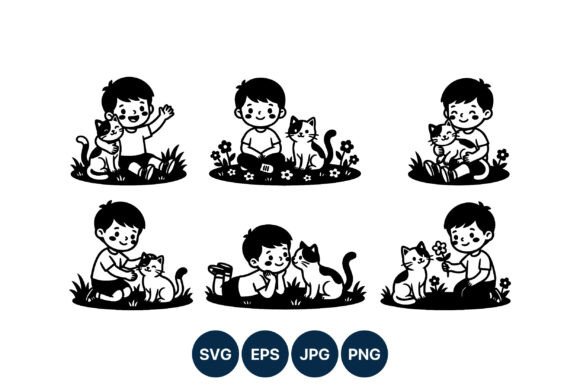 Boy Playing with Cat Black and White Graphics