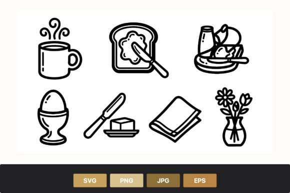 Breakfast Set Black White Vector Line Graphics