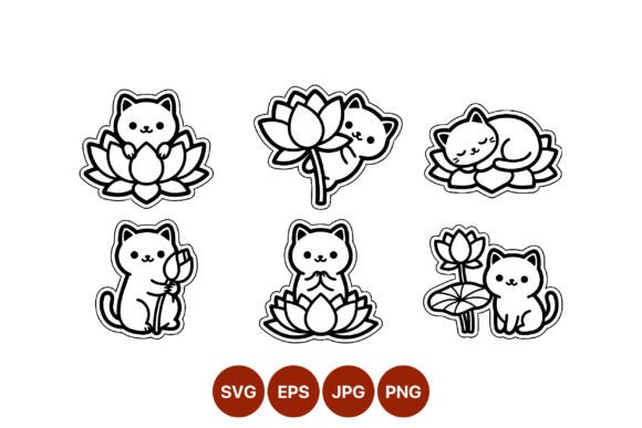 Cat and Lotus Flower Cute Line Art Graphics