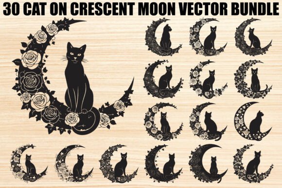 Cat on Crescent Moon Bundle: Graphics & Illustrations