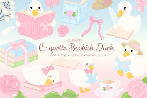 Coquette Bookish Duck Clipart PNG SVG: Graphics for Cozy Branding