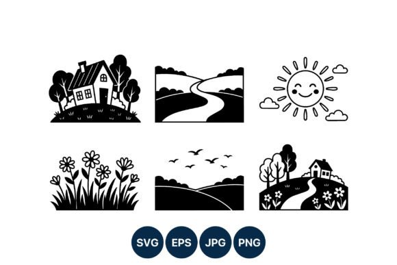 Countryside House Vector Art Black White