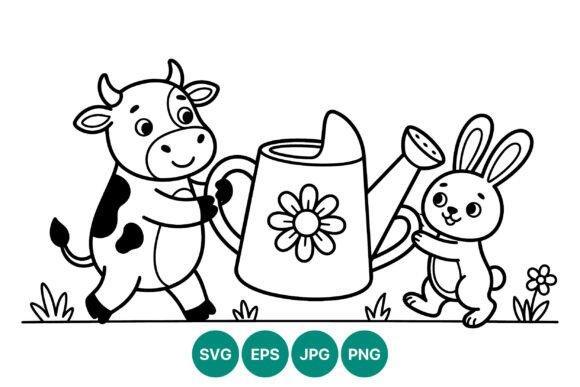 Cow and Rabbit Holding Watering Can Graphics
