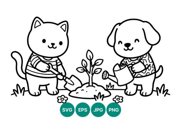 Cute Cat Dog Planting Seedling Vector Graphics
