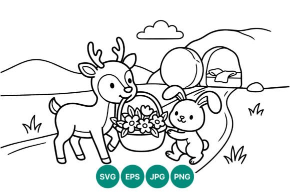 Cute Deer Rabbit Holding Flower Basket Graphics