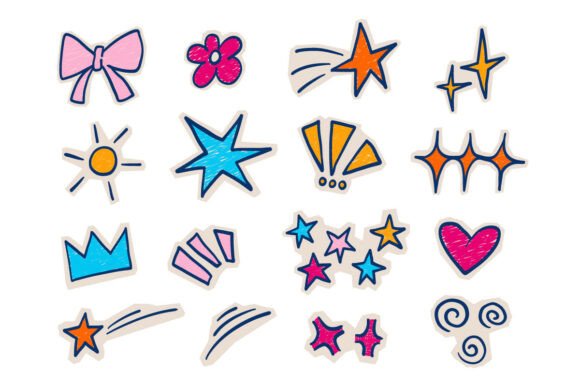 Cute Doodle Stars Hearts Elements Set: Graphics & Illustrations