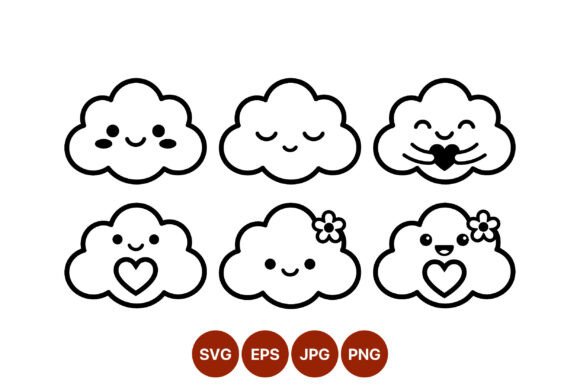 Cute Happy Cloud Line Art Vector Graphics