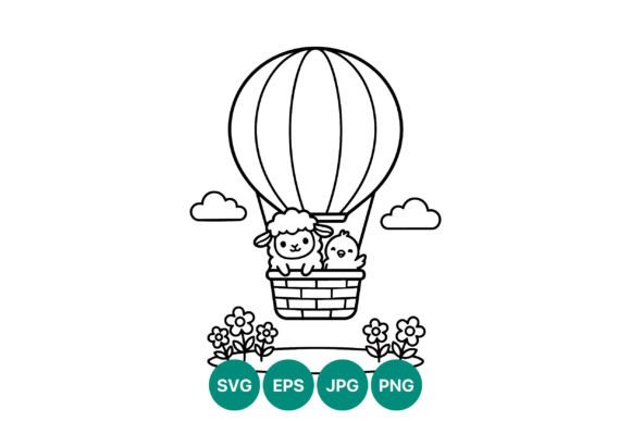Cute Lamb and Chick Hot Air Balloon Graphics