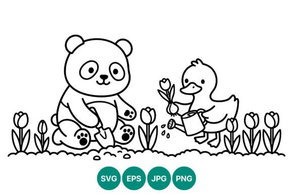 Cute Panda and Duck Gardening Line Art