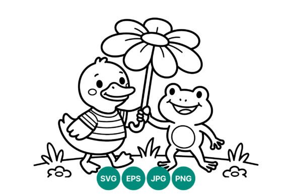 Duck and Frog Holding Flower Umbrella: Graphics for Creative Publishing