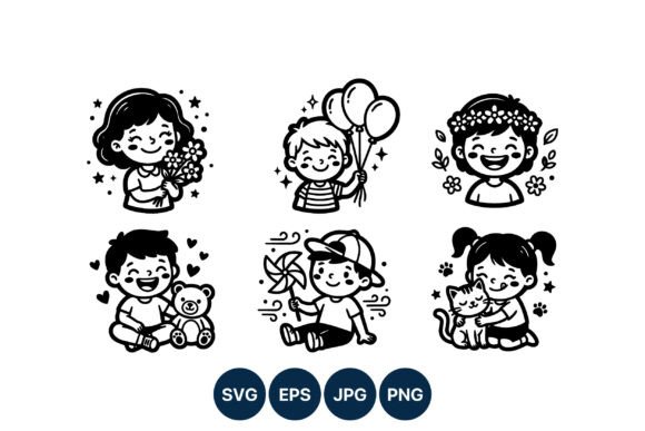 Happy Kids with Balloons and Pets Vector: Graphics for Creative Publishing