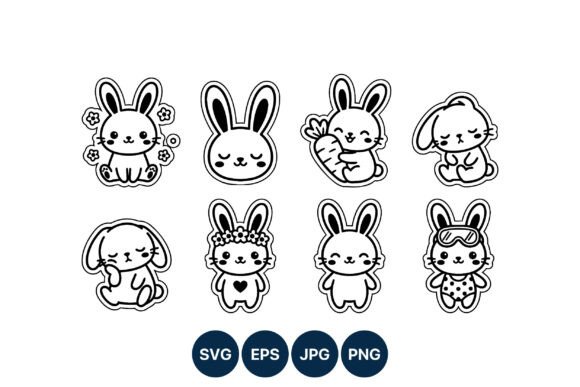Kawaii Bunny Black White Stickers Graphics
