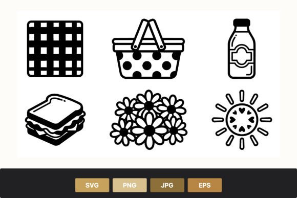 Picnic Basket Blanket Sandwich Icons Graphics