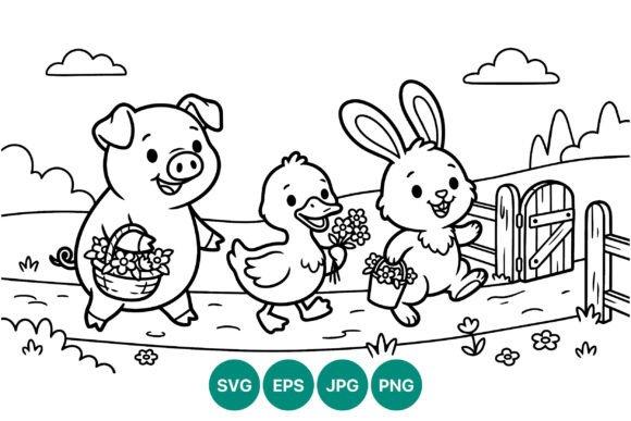Pig Duck Rabbit Flower Walk Graphics and Illustrations