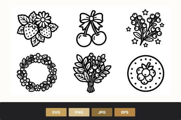 Strawberry Cherry Berry Bouquet Line Art